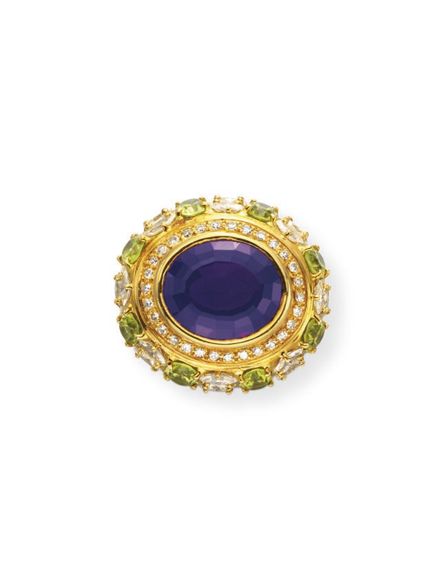 AN AMETHYST, DIAMOND AND PERIDOT RING, BY MARCHAK