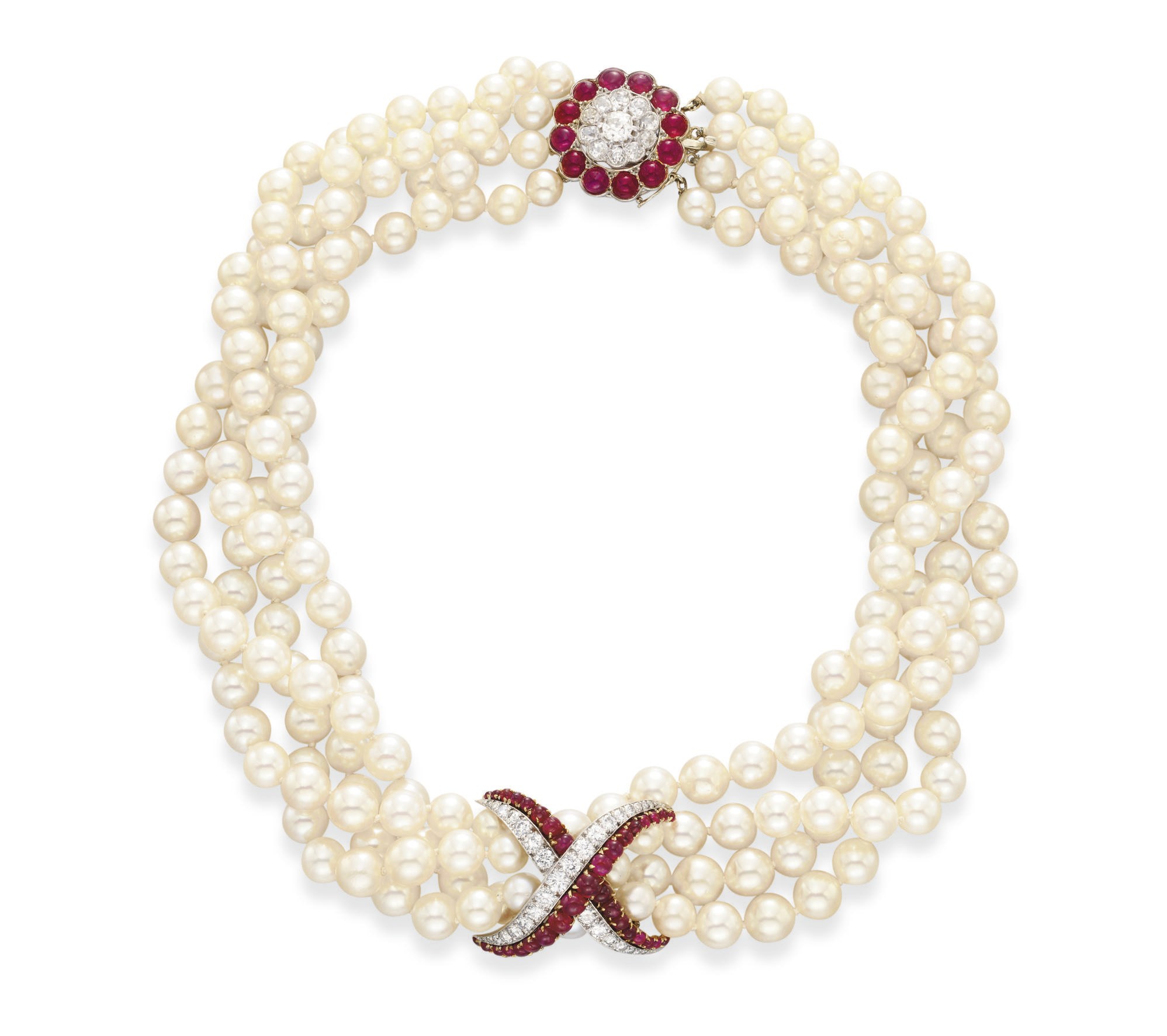 A FOUR-STRAND CULTURED PEARL, DIAMOND AND RUBY NECKLACE