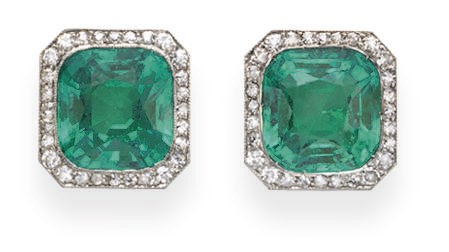 A PAIR OF EMERALD AND DIAMOND EAR STUDS