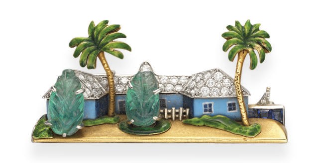 AN ENAMEL AND MULTI-GEM HOUSE BROOCH, BY RAYMOND YARD