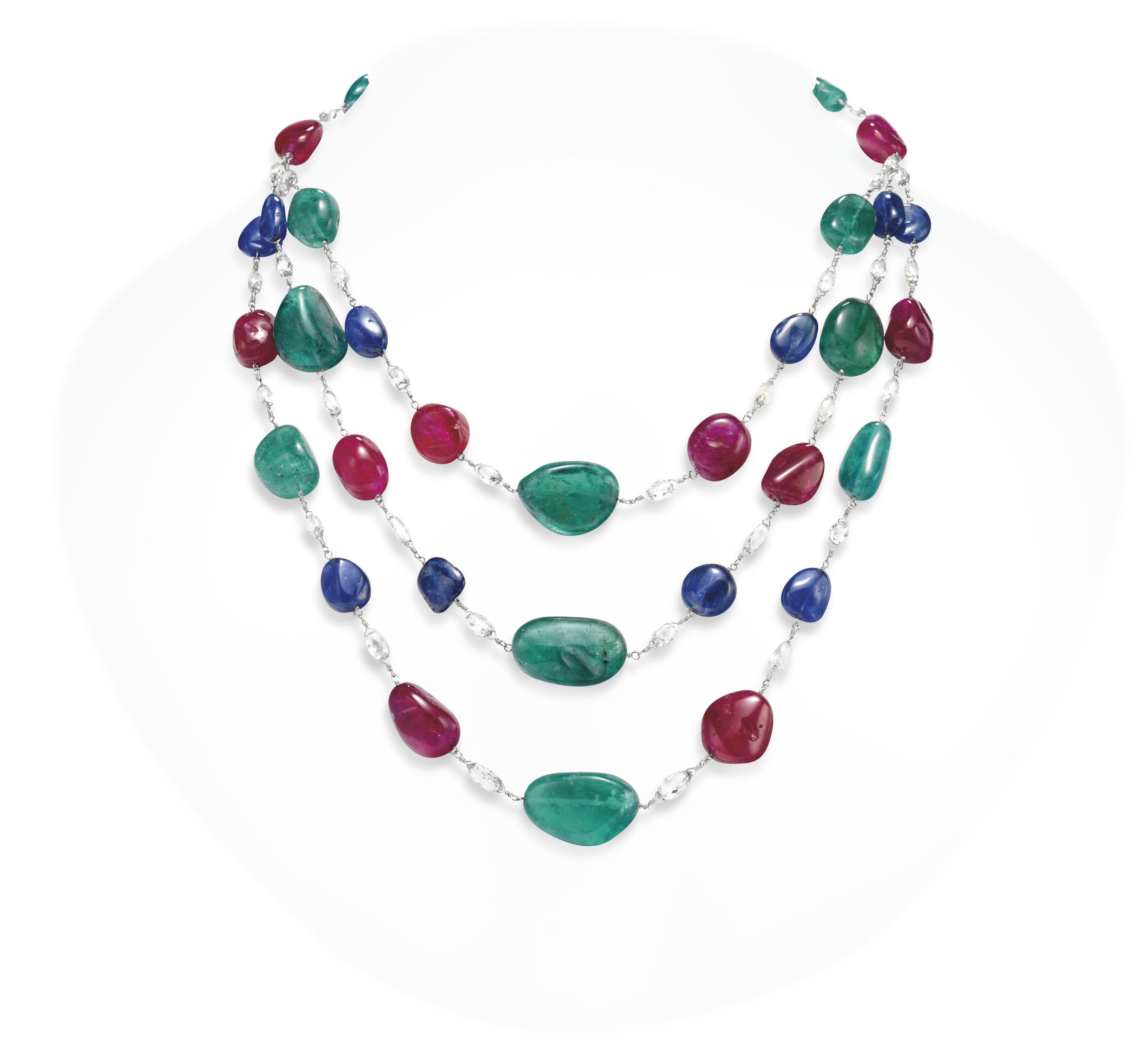 AN EMERALD, RUBY AND SAPPHIRE BEAD AND DIAMOND NECKLACE