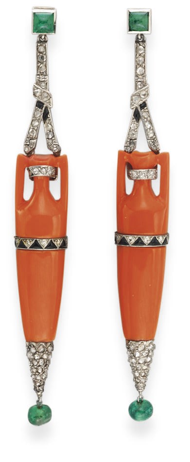 **A PAIR OF ART DECO CORAL, DIAMOND AND EMERALD EAR PENDANTS, BY CARTIER