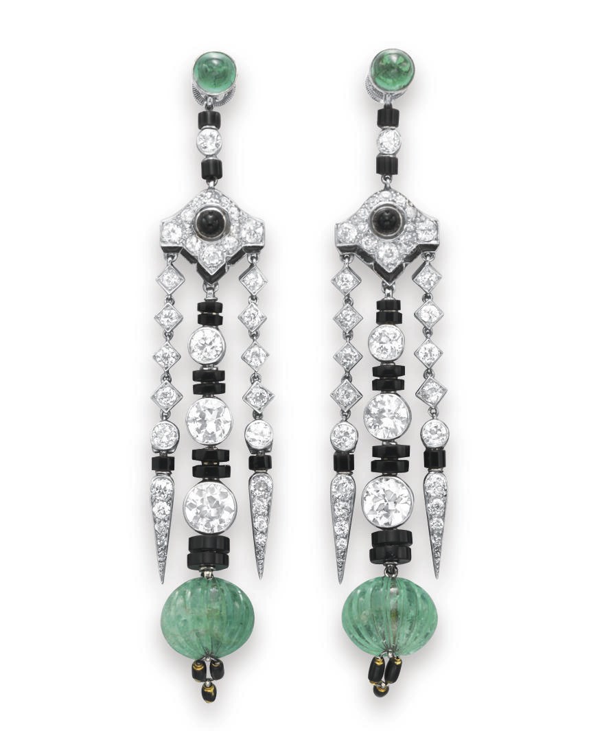 A PAIR OF ELEGANT ART DECO EMERALD, DIAMOND AND ONYX EAR PENDANTS, BY CARTIER