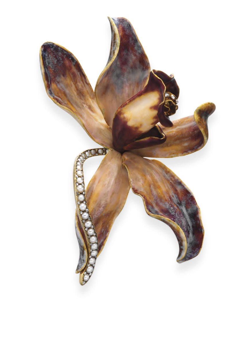 AN ANTIQUE ENAMEL, DIAMOND AND PEARL ORCHID BROOCH, BY TIFFANY & CO.