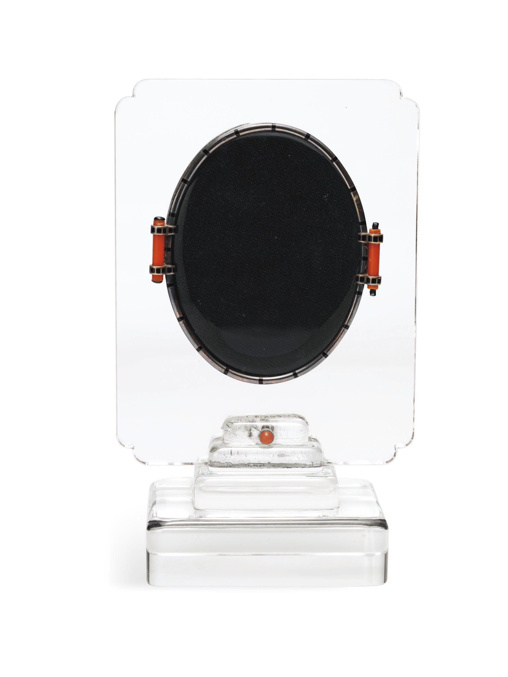 **AN ART DECO ROCK CRYSTAL, CORAL AND ENAMEL PICTURE FRAME, BY CARTIER