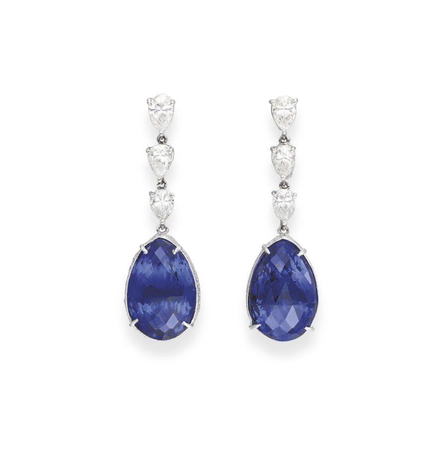 A PAIR OF TANZANITE AND DIAMOND EAR PENDANTS