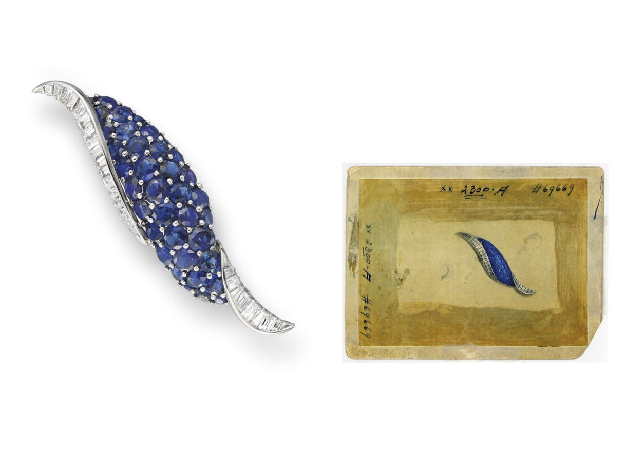 A SAPPHIRE AND DIAMOND SCROLL BROOCH, BY OSCAR HEYMAN & BROTHERS