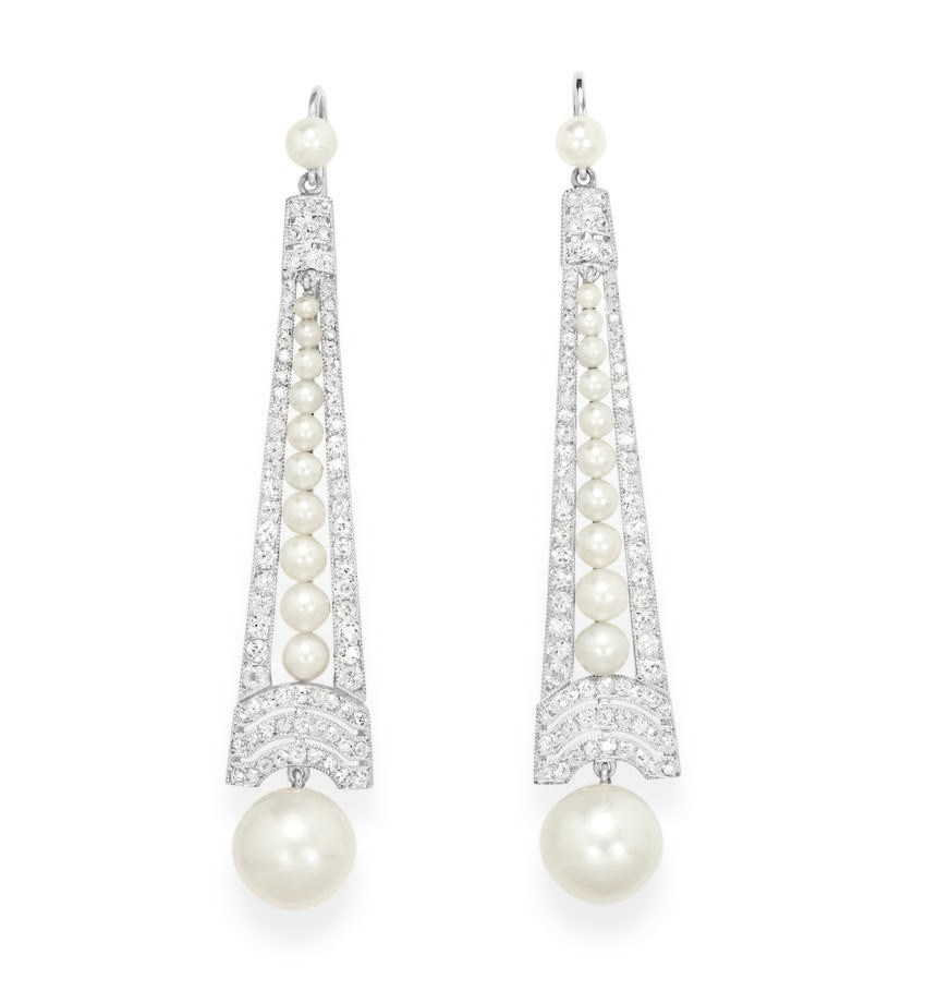 A PAIR OF PEARL AND DIAMOND EAR PENDANTS