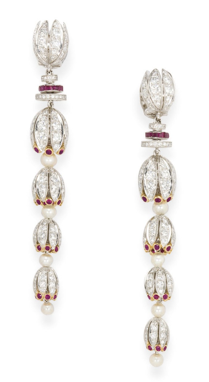 A PAIR OF DIAMOND, RUBY AND CULTURED PEARL EAR PENDANTS