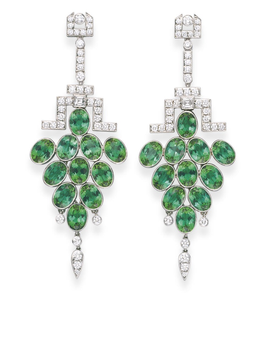 A PAIR OF GREEN TOURMALINE AND DIAMOND EAR PENDANTS, BY TIFFANY & CO.
