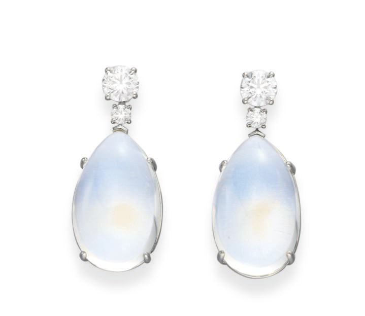 A PAIR OF MOONSTONE AND DIAMOND EAR PENDANTS, BY TIFFANY & CO.