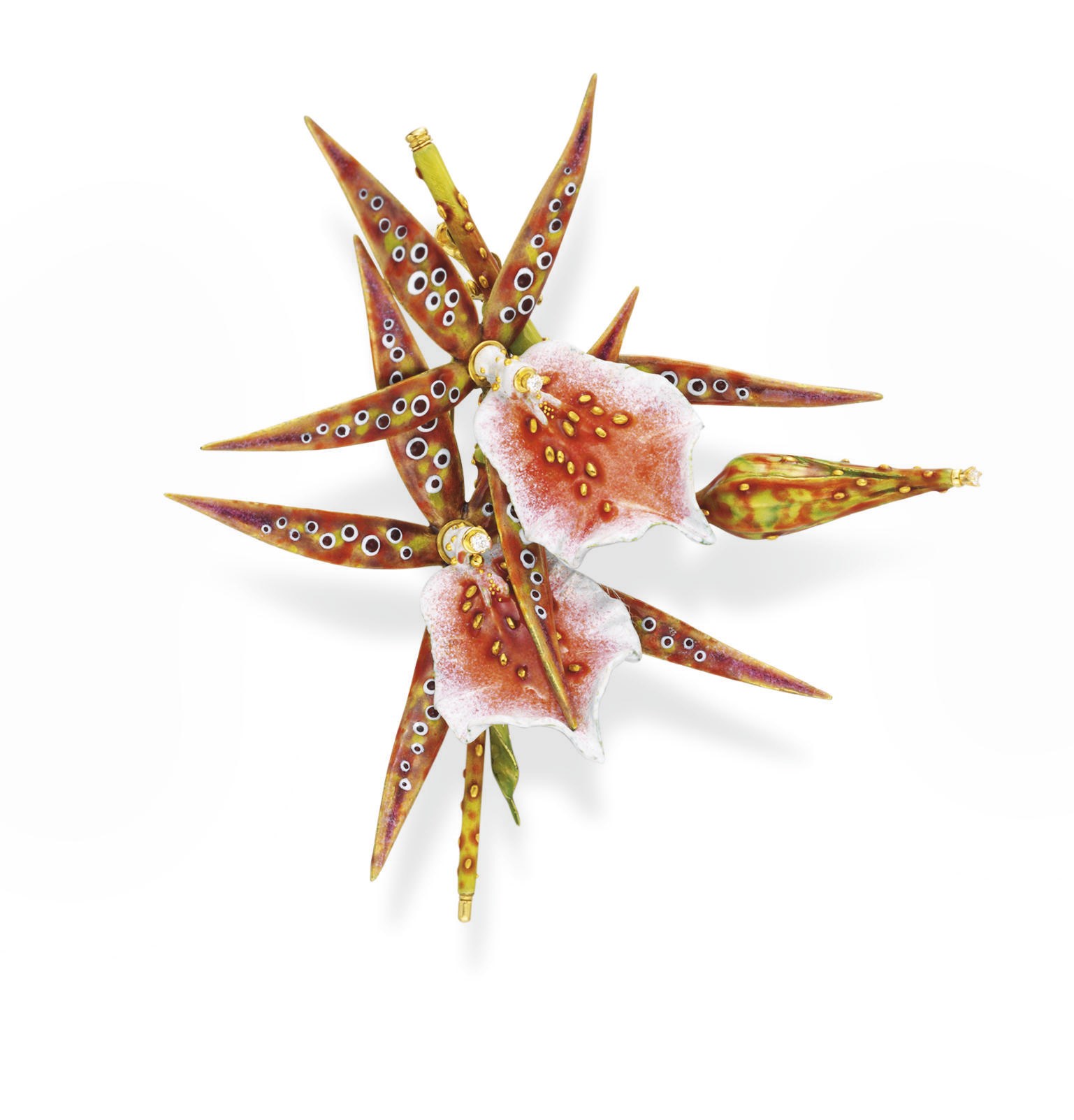 A RARE ENAMEL AND DIAMOND ORCHID BROOCH, BY TIFFANY & CO.