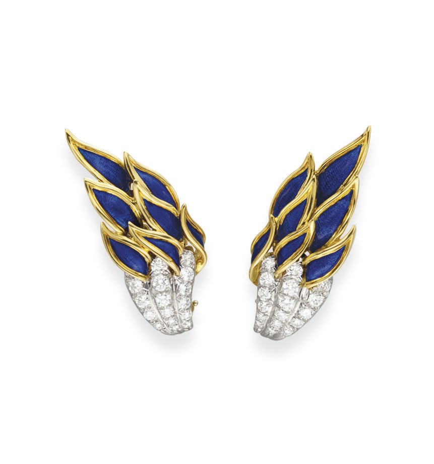A PAIR OF ENAMEL AND DIAMOND EAR CLIPS, BY JEAN SCHLUMBERGER, TIFFANY & CO.