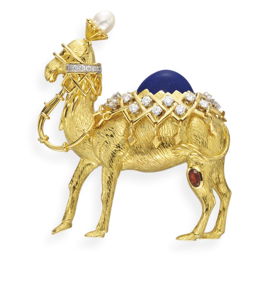 A GOLD, MULTI-GEM AND ENAMEL CAMEL BROOCH, BY JEAN SCHLUMBERGER, TIFFANY & CO.