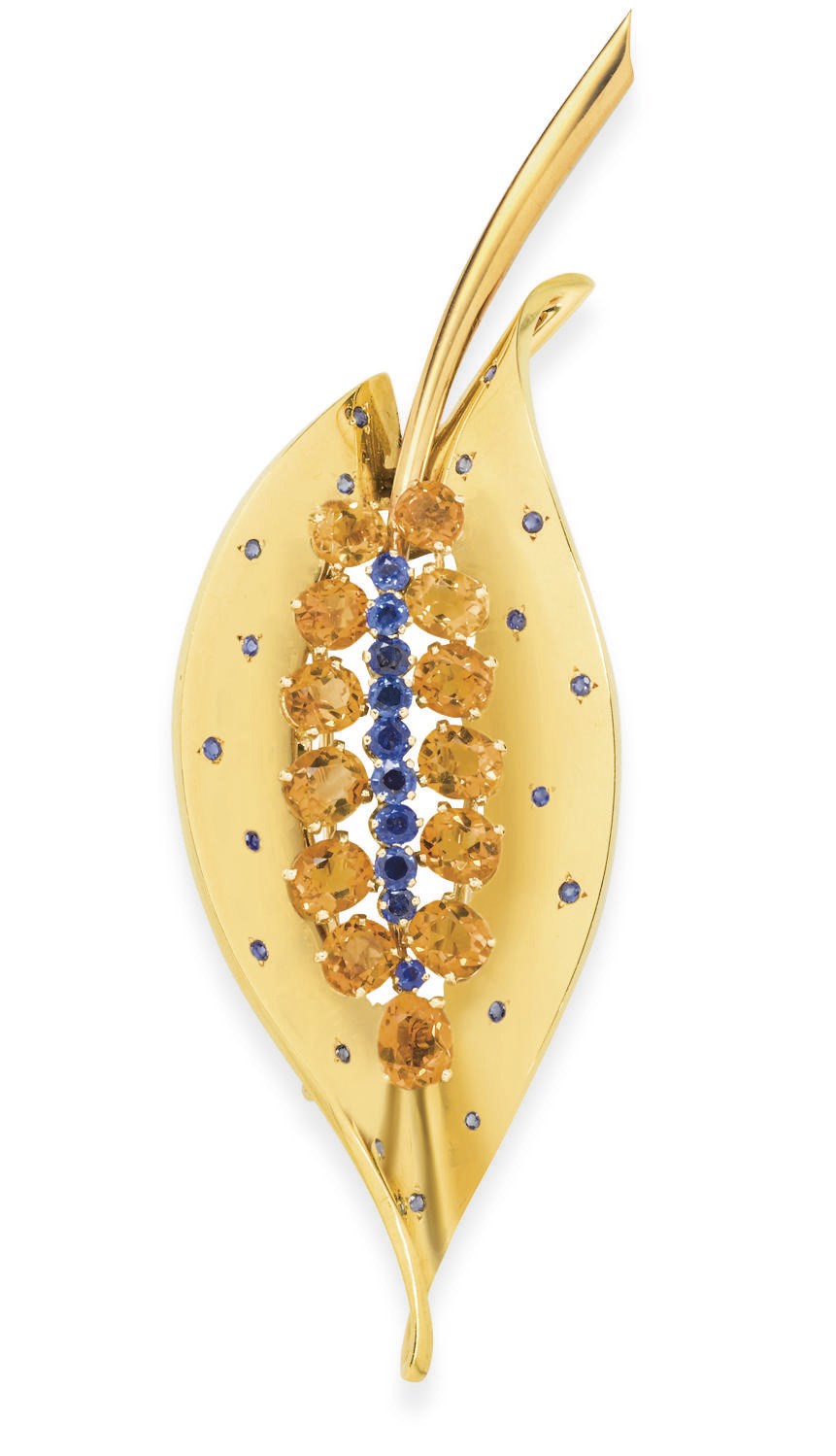 A RETRO SAPPHIRE, CITRINE AND GOLD LEAF BROOCH
