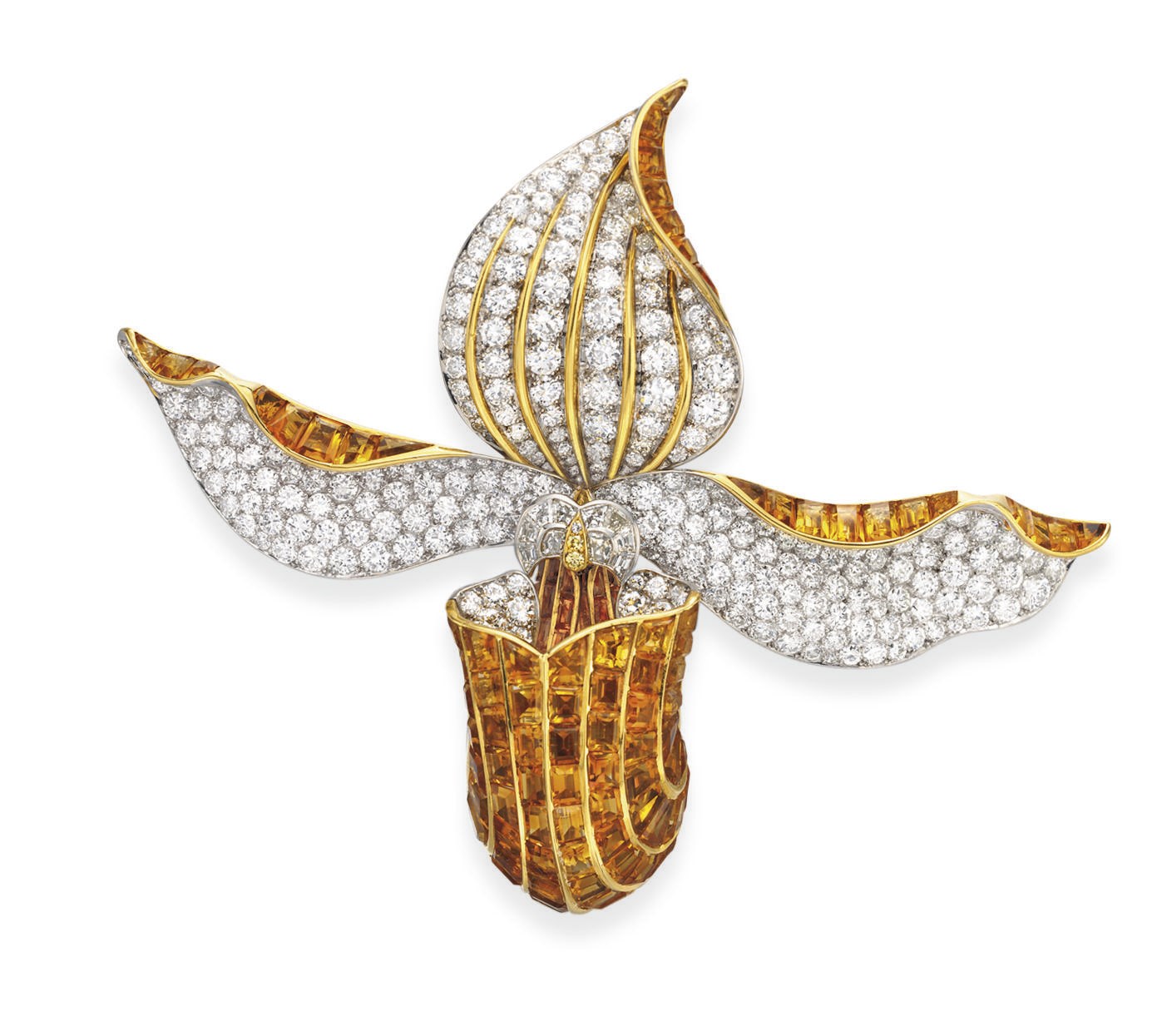 A SUPERB DIAMOND AND CITRINE ORCHID BROOCH, BY RENE BOIVIN