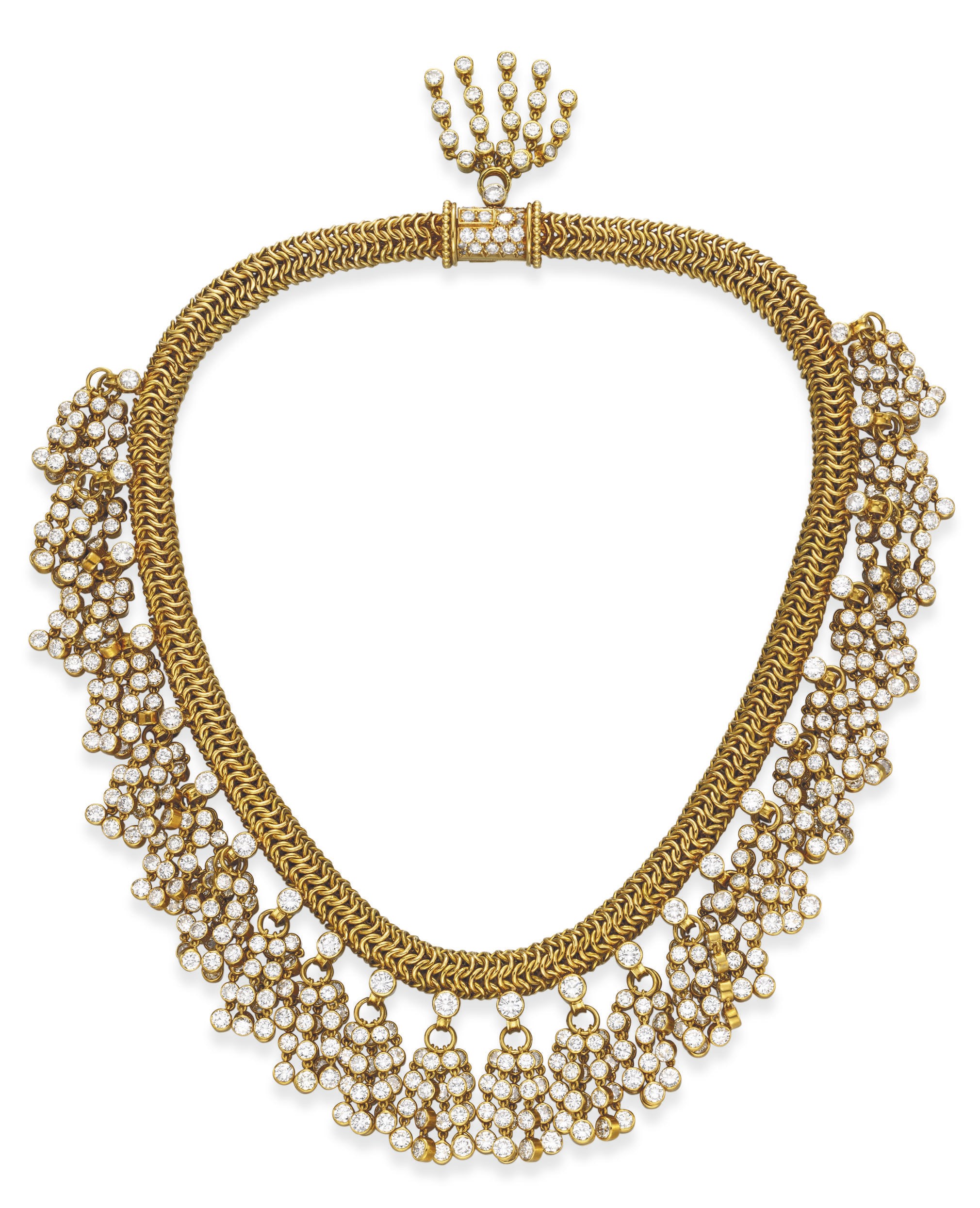 A RETRO DIAMOND AND GOLD "PASSEMENTERIE" NECKLACE, BY RENE BOIVIN