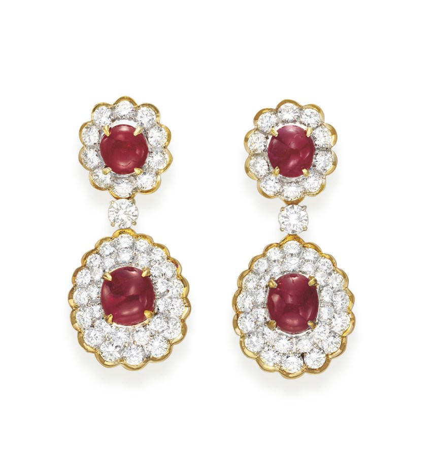 A PAIR OF RUBY AND DIAMOND EAR PENDANTS, BY TRIO