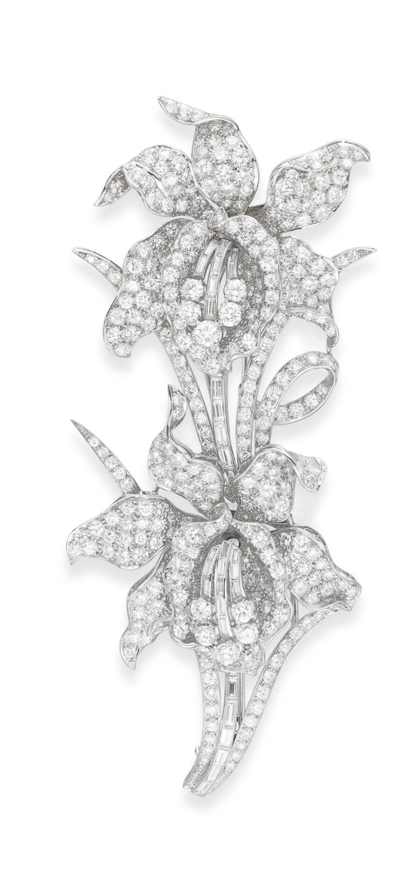 A DIAMOND ORCHID DOUBLE-CLIP BROOCH