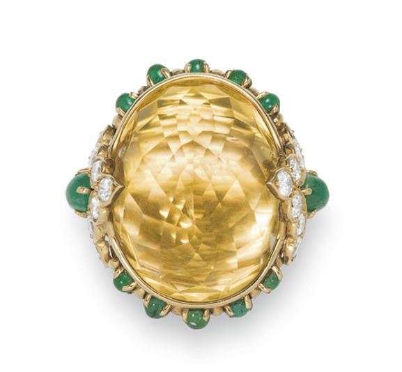A CITRINE, DIAMOND AND EMERALD RING, BY VAN CLEEF & ARPELS