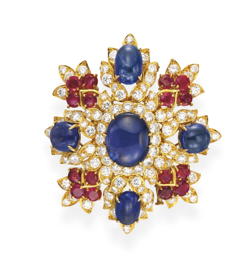 A DIAMOND, SAPPHIRE AND RUBY BROOCH, BY VAN CLEEF & ARPELS