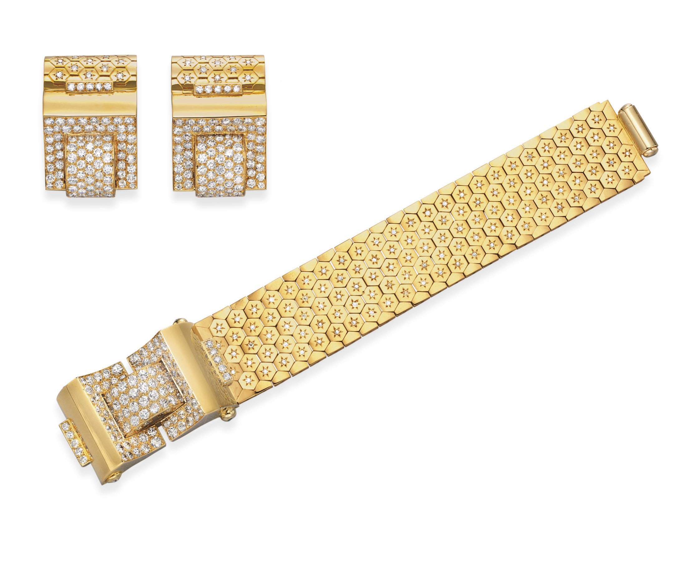 A SET OF RETRO "LUDO-HEXAGONE" DIAMOND AND GOLD JEWELRY, BY VAN CLEEF & ARPELS