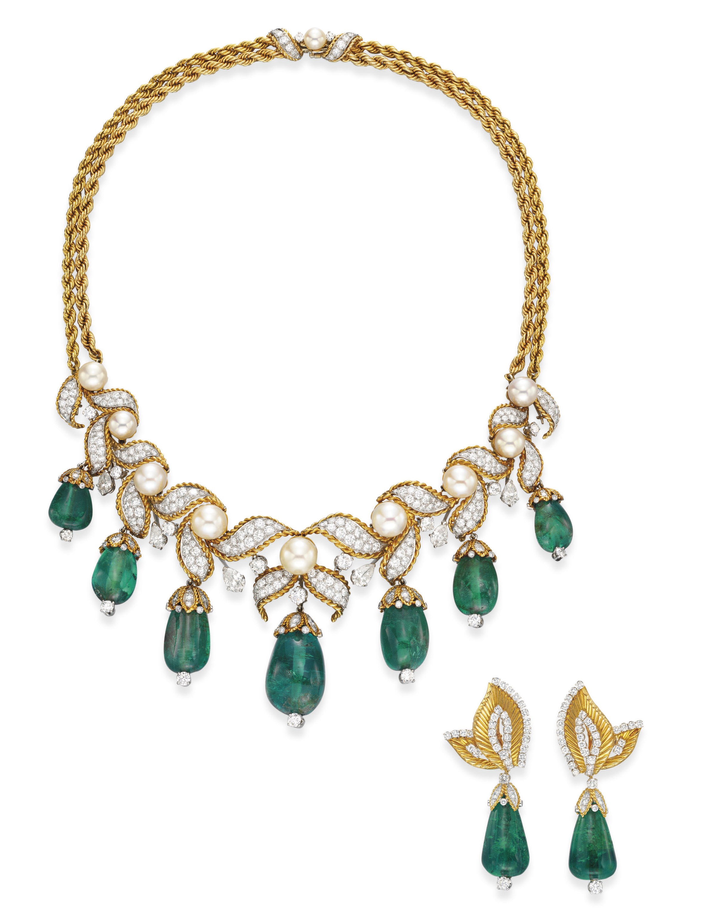 A SET OF EMERALD, DIAMOND AND CULTURED PEARL JEWELRY, BY VAN CLEEF & ARPELS