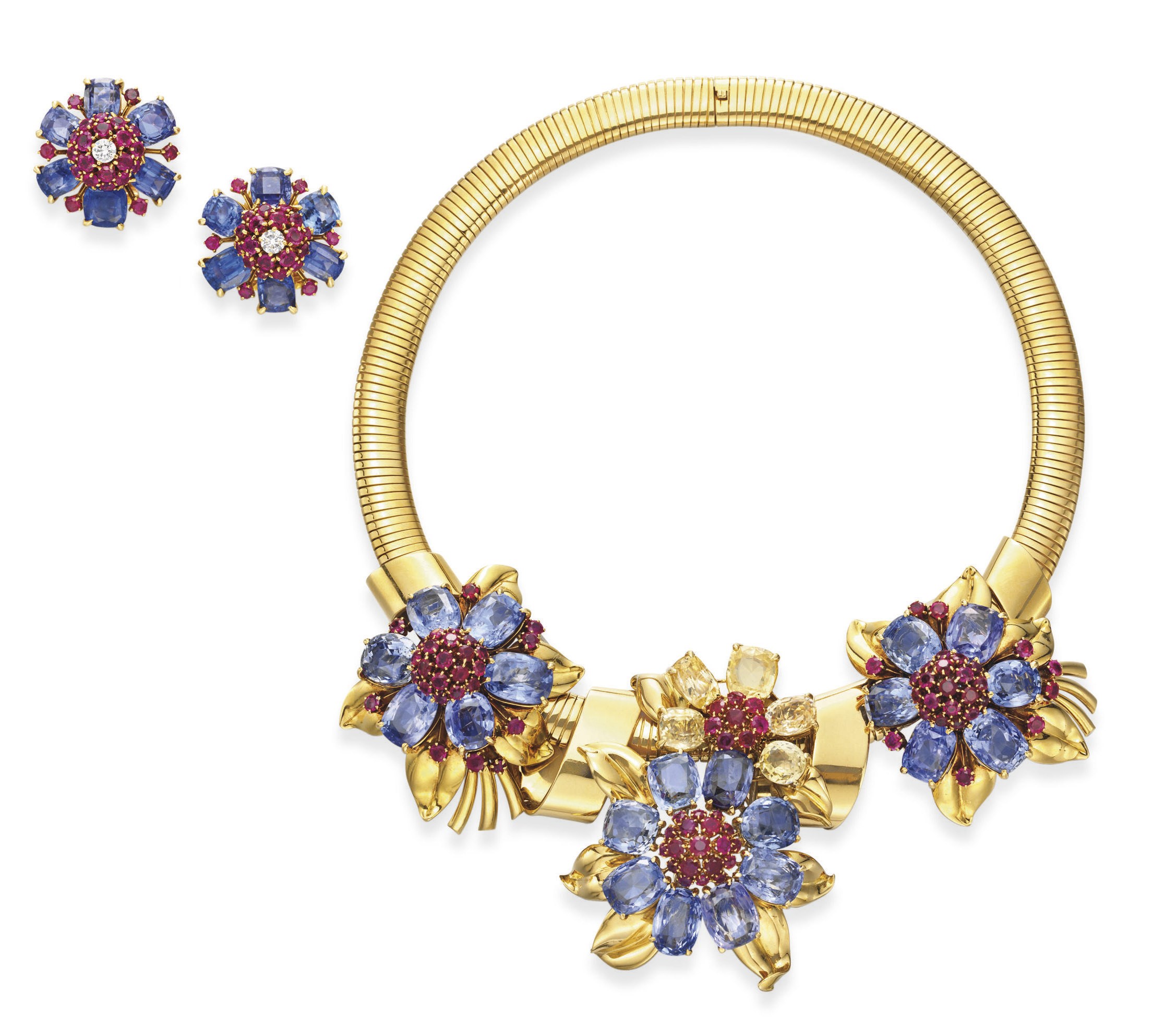 A SUITE OF RETRO BLUE AND YELLOW SAPPHIRE, RUBY AND GOLD "PASSE-PARTOUT" JEWELRY, BY VAN CLEEF & ARPELS