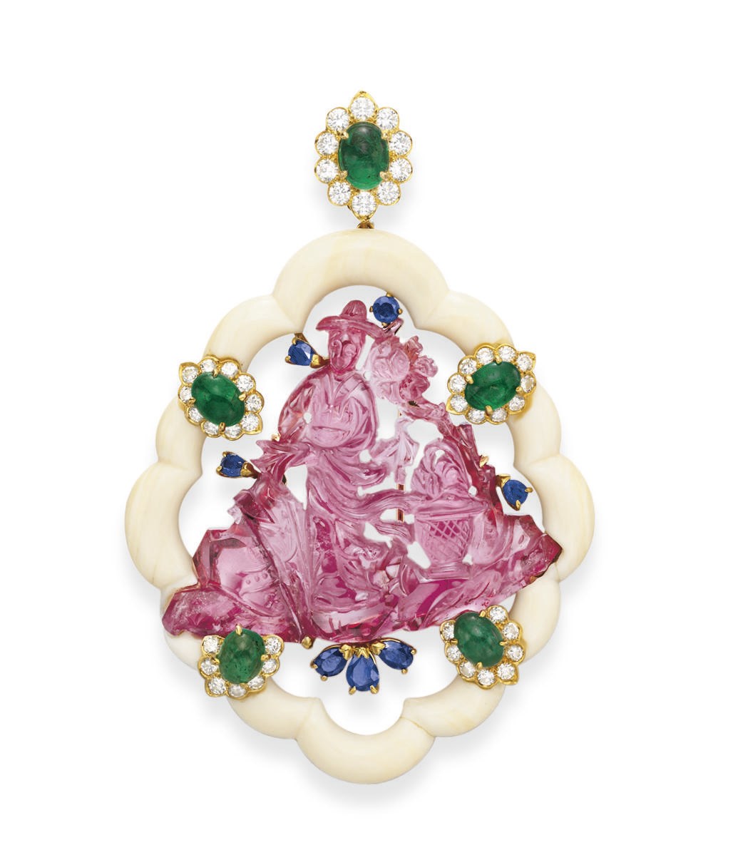 **AN IVORY MULTI-GEM PENDANT BROOCH, BY VAN CLEEF & ARPELS
