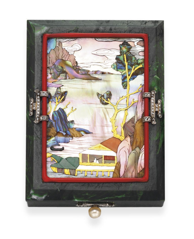A STYLISH ART DECO ENAMEL, DIAMOND AND HARDSTONE VANITY CASE, BY VAN CLEEF & ARPELS