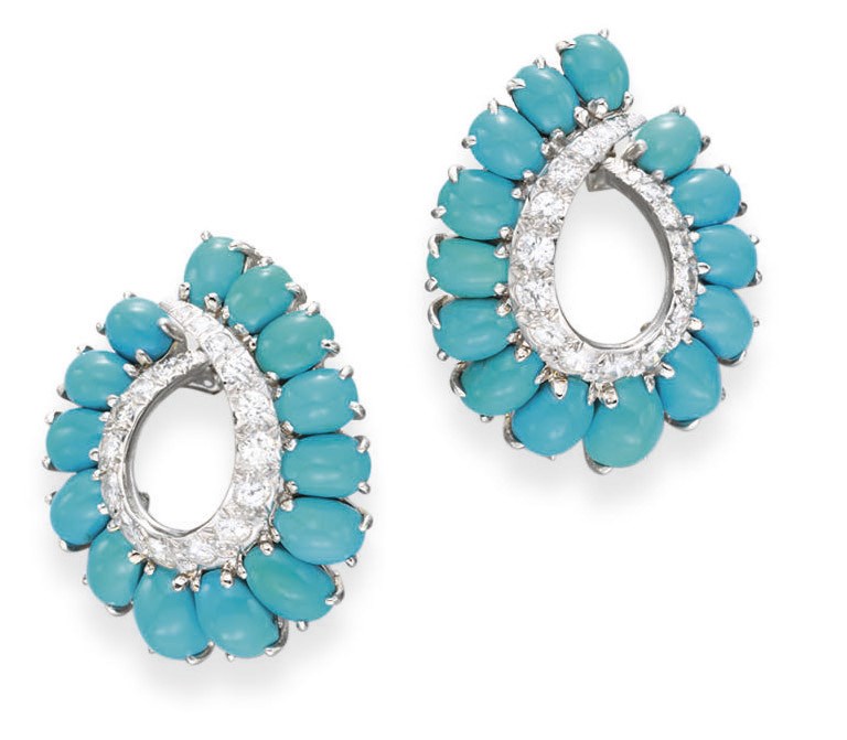 A PAIR OF DIAMOND AND TURQUOISE EAR CLIPS, BY CARTIER