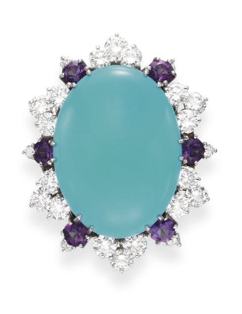 A DIAMOND, AMETHYST AND SIMULATED TURQUOISE RING