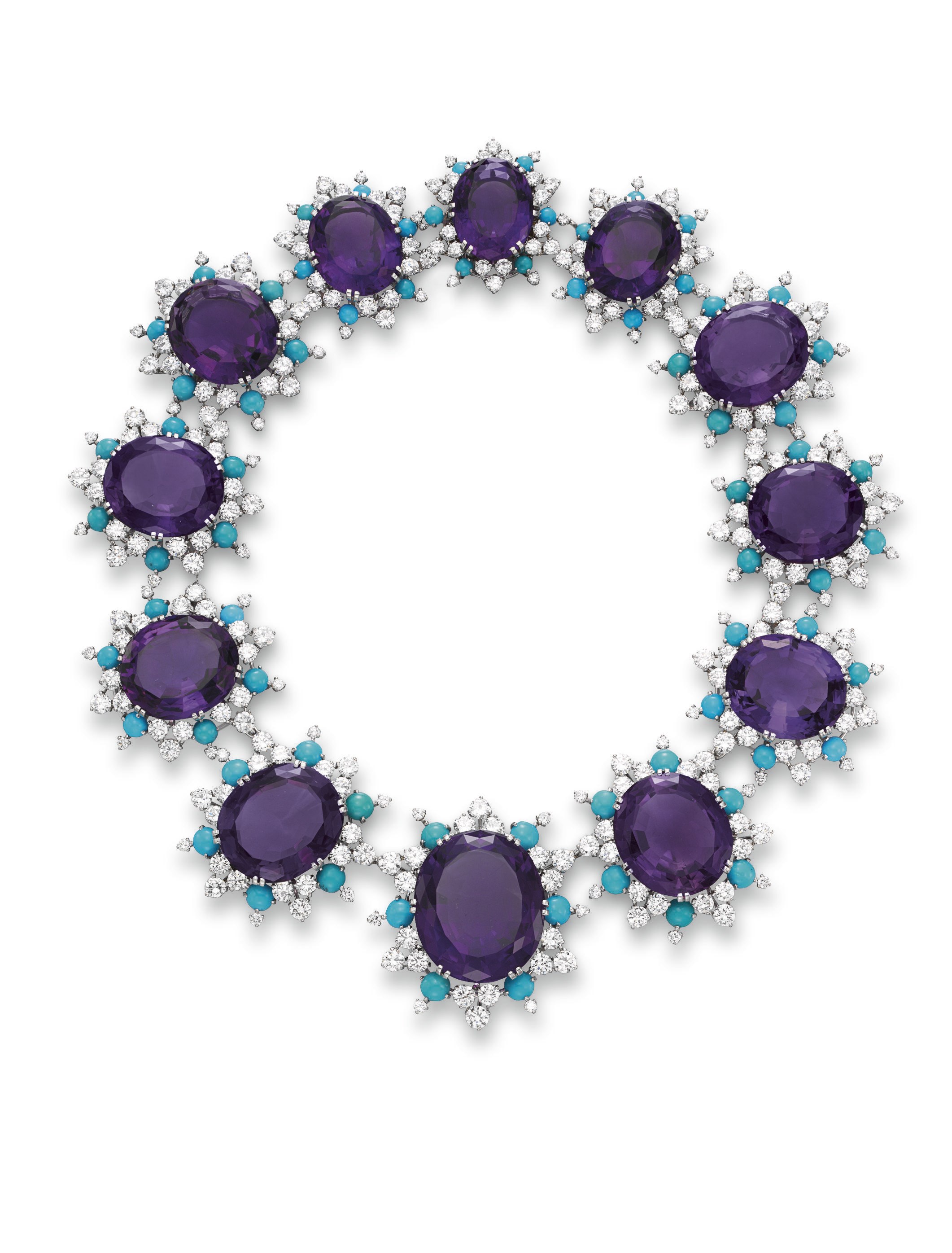 AN IMPRESSIVE AMETHYST, DIAMOND AND TURQUOISE NECKLACE, BY CARTIER