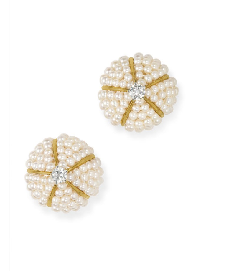 A PAIR OF SEED PEARL AND DIAMOND EAR CLIPS, BY CARTIER