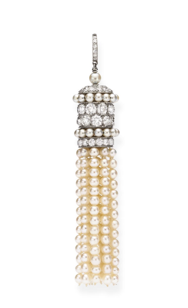 AN ELEGANT ART DECO PEARL AND DIAMOND TASSEL PENDANT, BY CARTIER