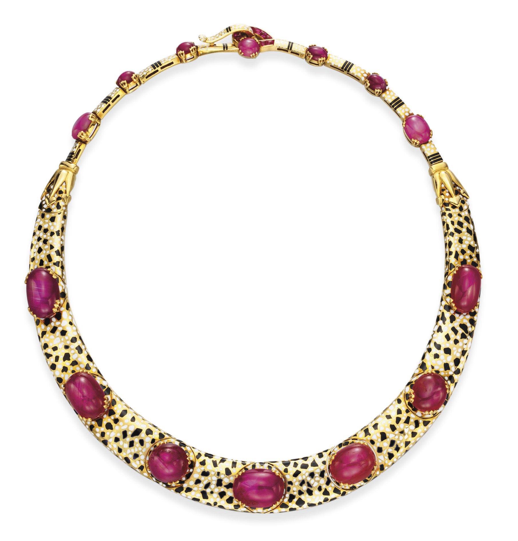 AN ART DECO STAR RUBY, ENAMEL AND GOLD NECKLACE, BY CARTIER