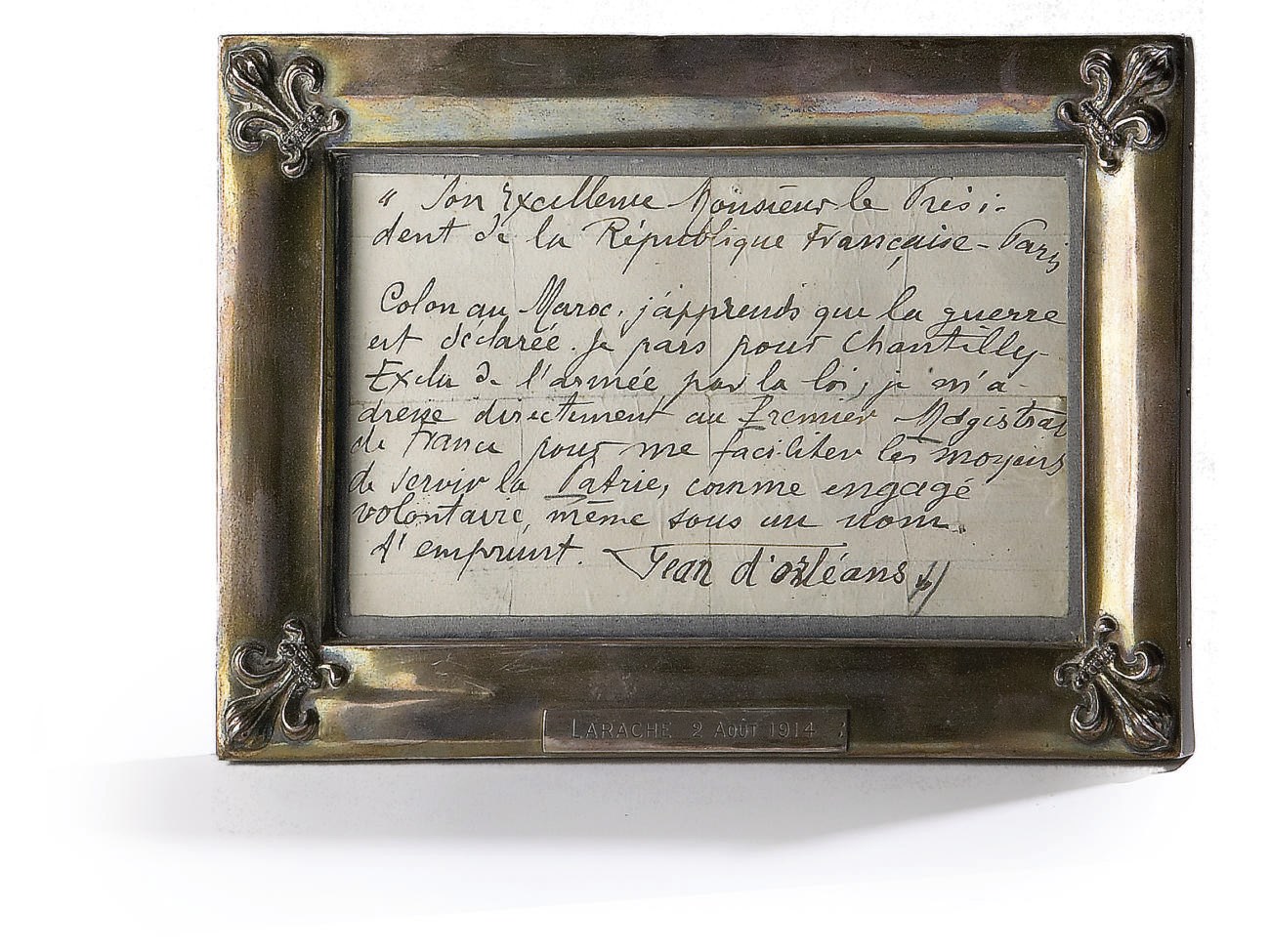 BROUILLON DU TÉLÉGRAMME ADRESSÉ À RAYMOND POINCARÉ ET DANS LEQUEL JEAN D'ORLÉANS DEMANDE SON INCORPORATION DANS L'ARMÉE.