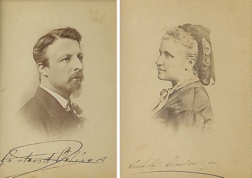PAIRE DE CARTES POSTALES ENCADREES REPRESENTANT GASTON (1842-1922) ET ISABELLE (1846-1921), COMTE ET COMTESSE D'EU