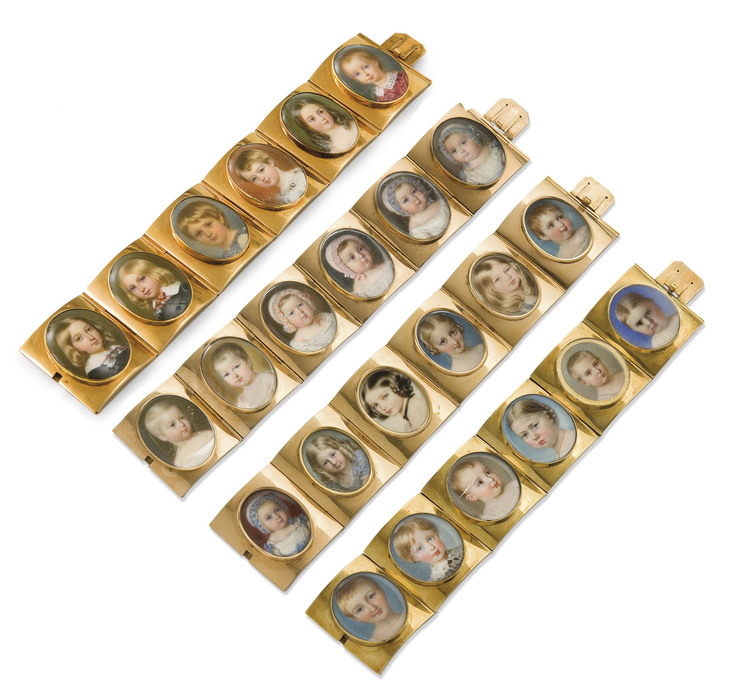 QUATRE BRACELETS EN OR AVEC CHACUN SIX MINIATURES SUR IVOIRE, ATTRIBUES A MELLERIO DITS MELLER