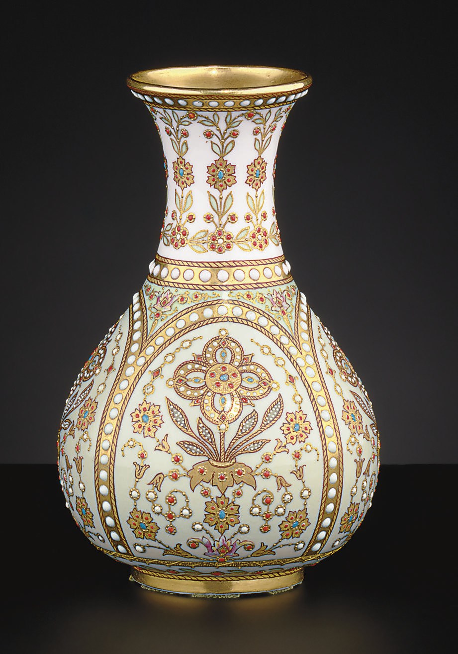 A W.T. COPELAND & SONS 'JEWELED' PALE-PINK AND PALE-BLUE GROUND VASE