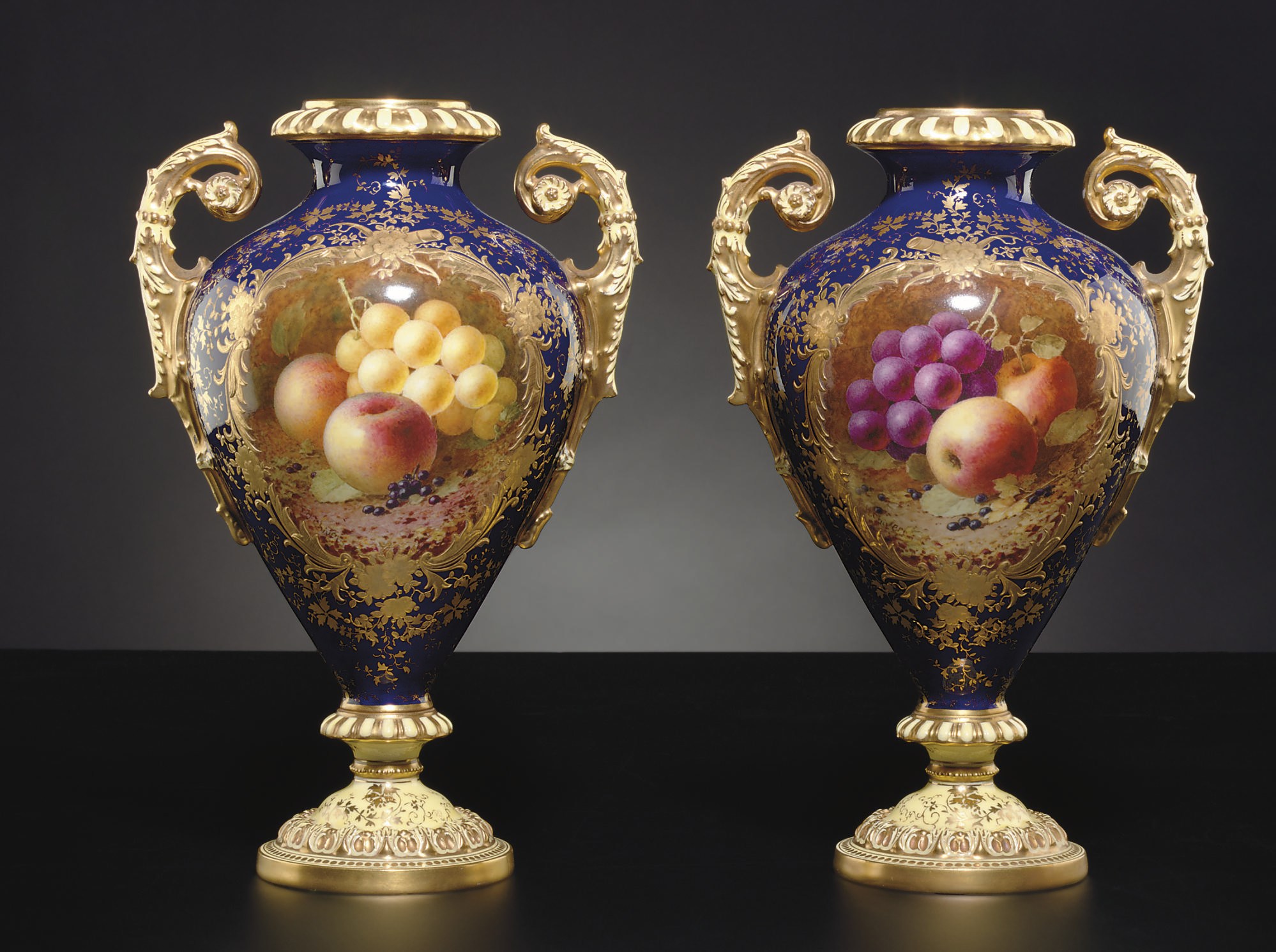 A PAIR OF COALPORT COBALT-BLUE AND YELLOW GROUND VASES