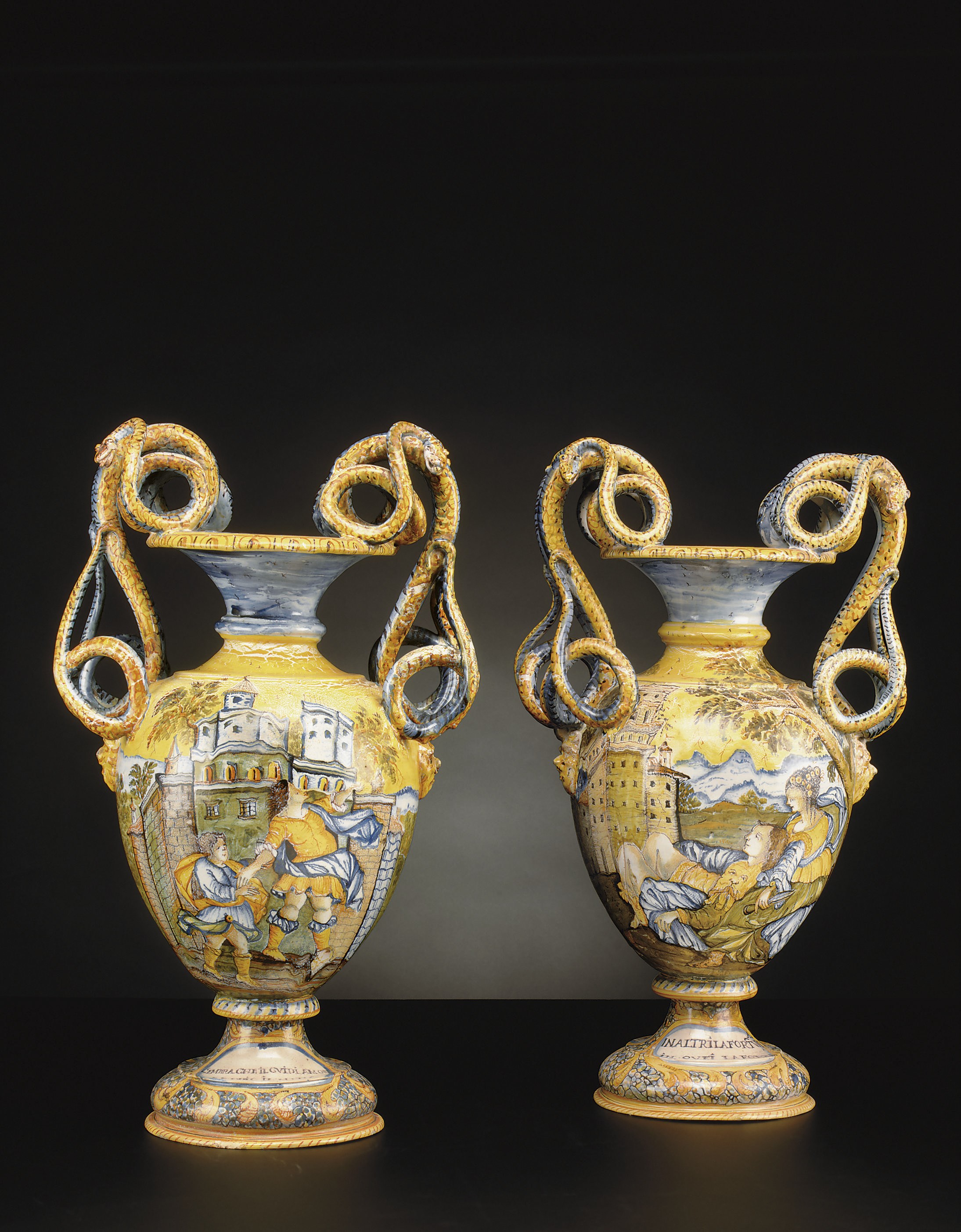 A PAIR OF ITALIAN MAIOLICA RENAISSANCE STYLE VASES