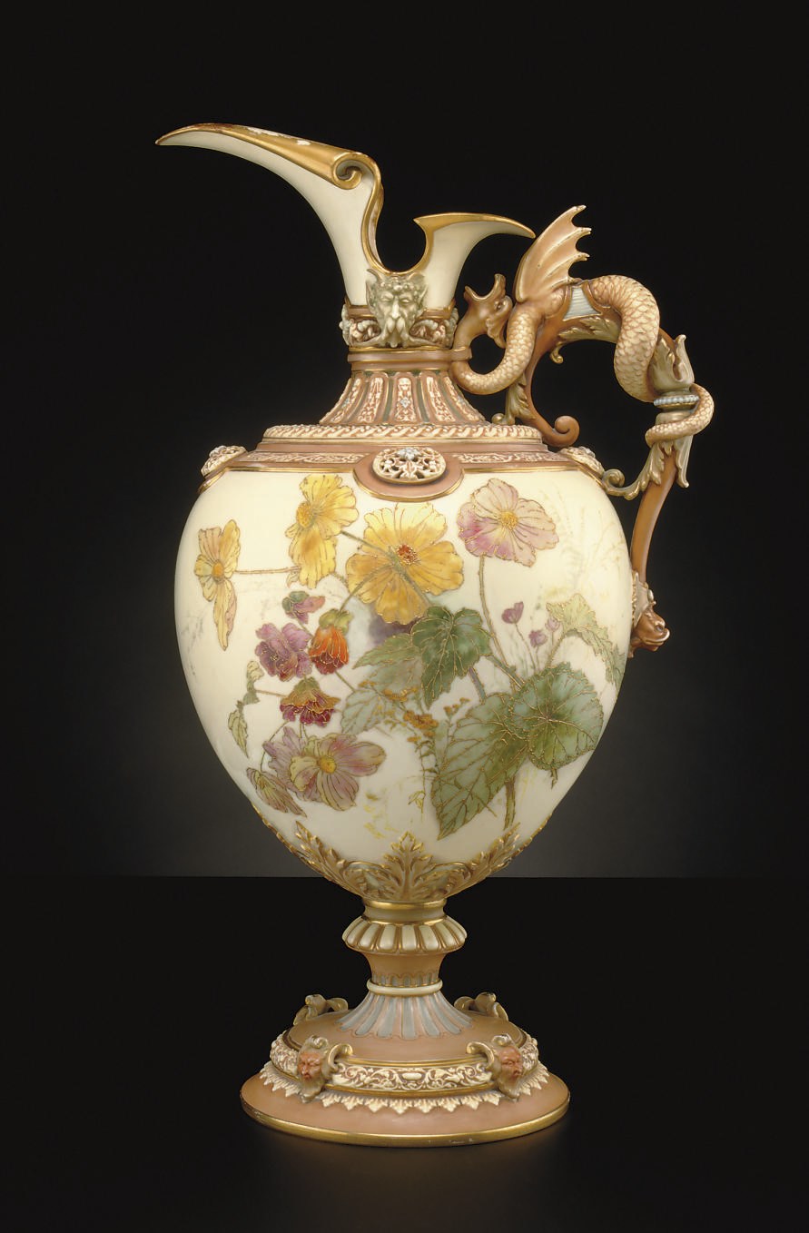 A ROYAL WORCESTER IVORY-GROUND 'RENAISSANCE' EWER