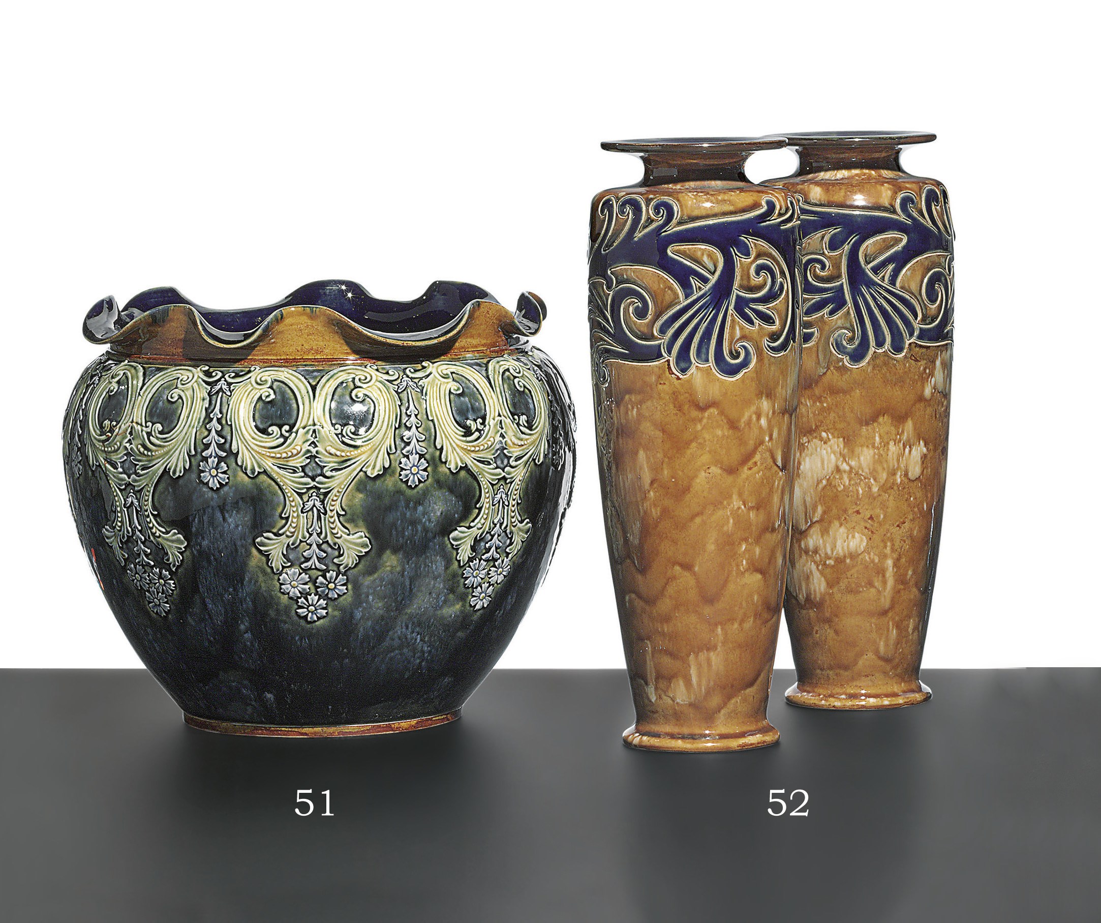 A PAIR OF ROYAL DOULTON STONEWARE MOTTLED-BROWN GROUND VASES