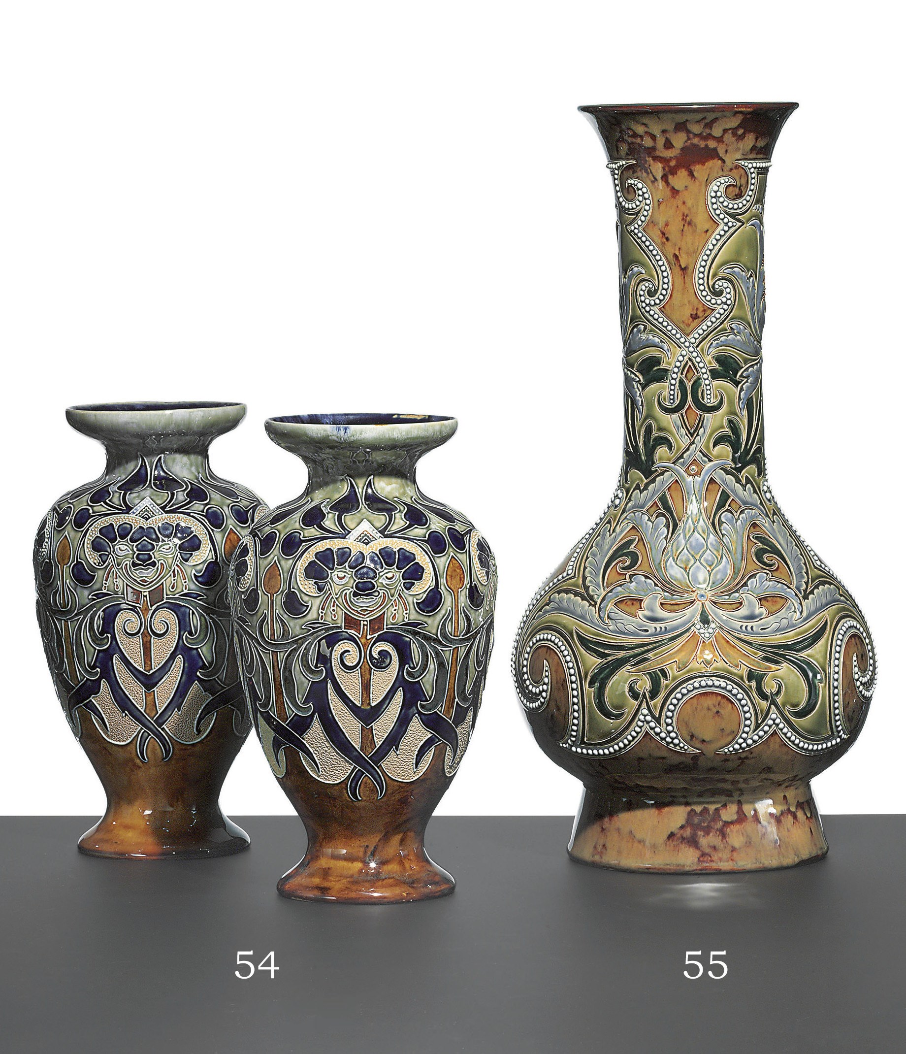 A PAIR OF DOULTON LAMBETH STONEWARE BLUE AND BROWN GROUND VASES