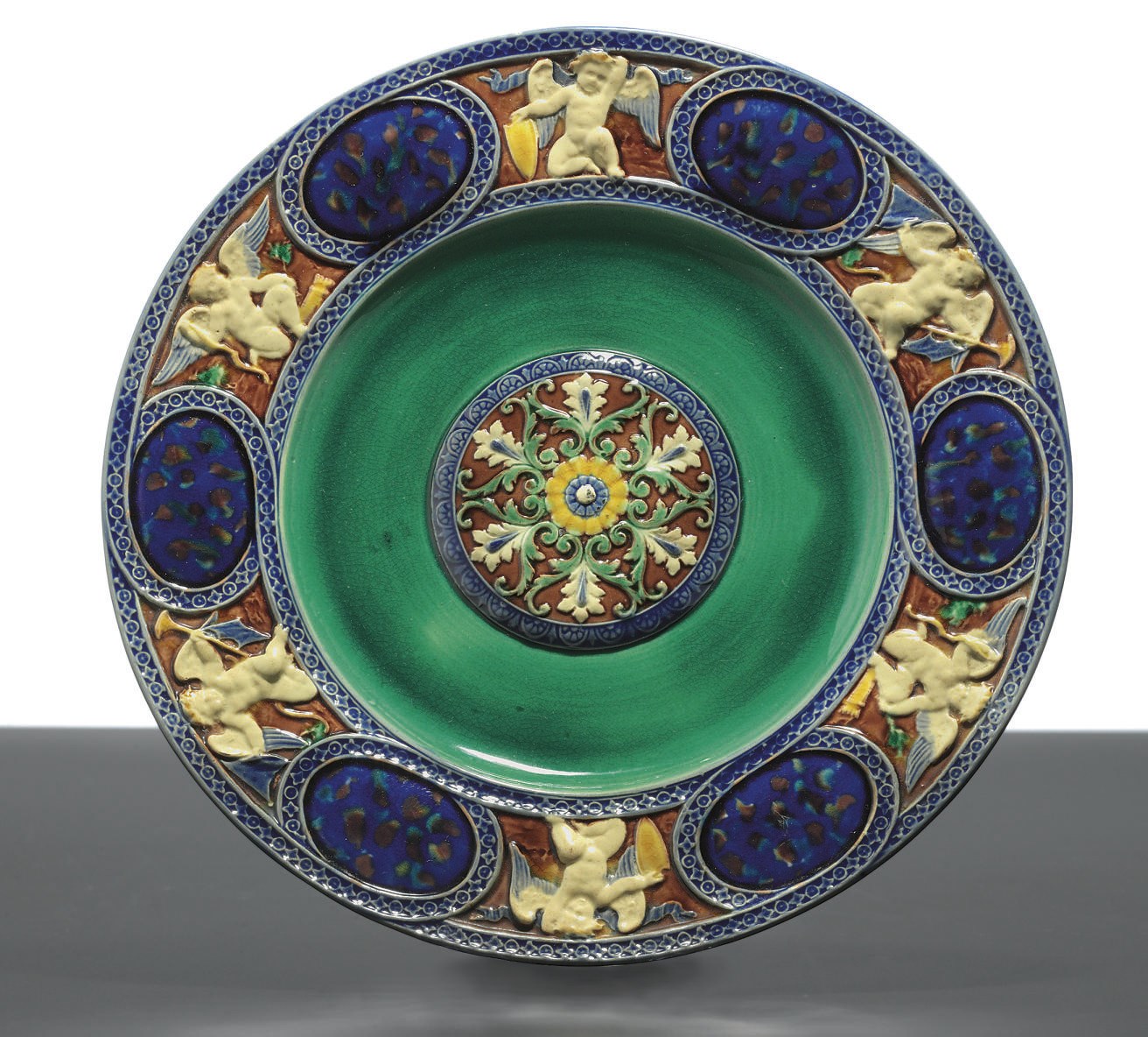 A MINTON MAJOLICA TURQUOISE-GROUND CHARGER