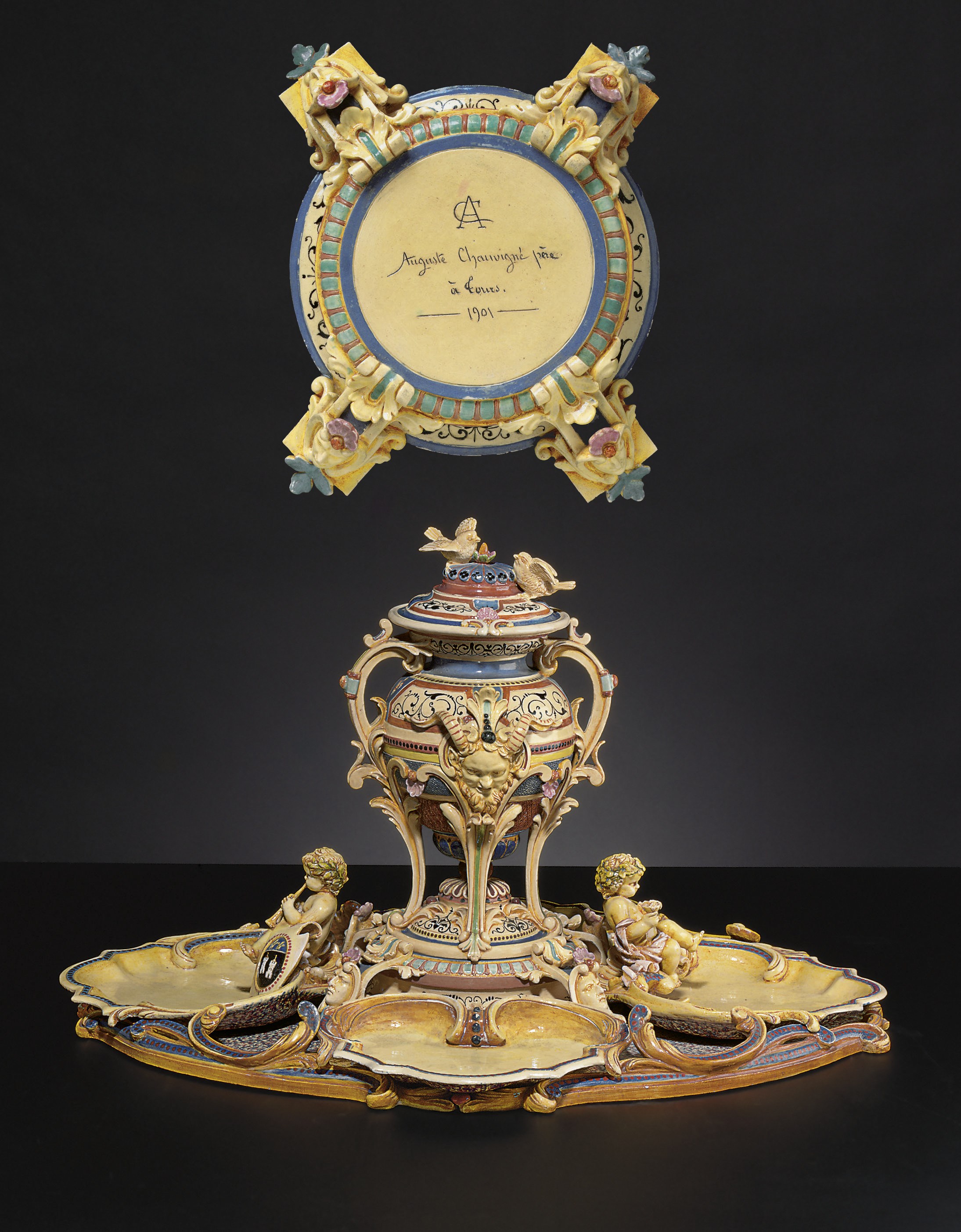 A FRENCH RENAISSANCE STYLE FAIENCE SURTOUT DE TABLE