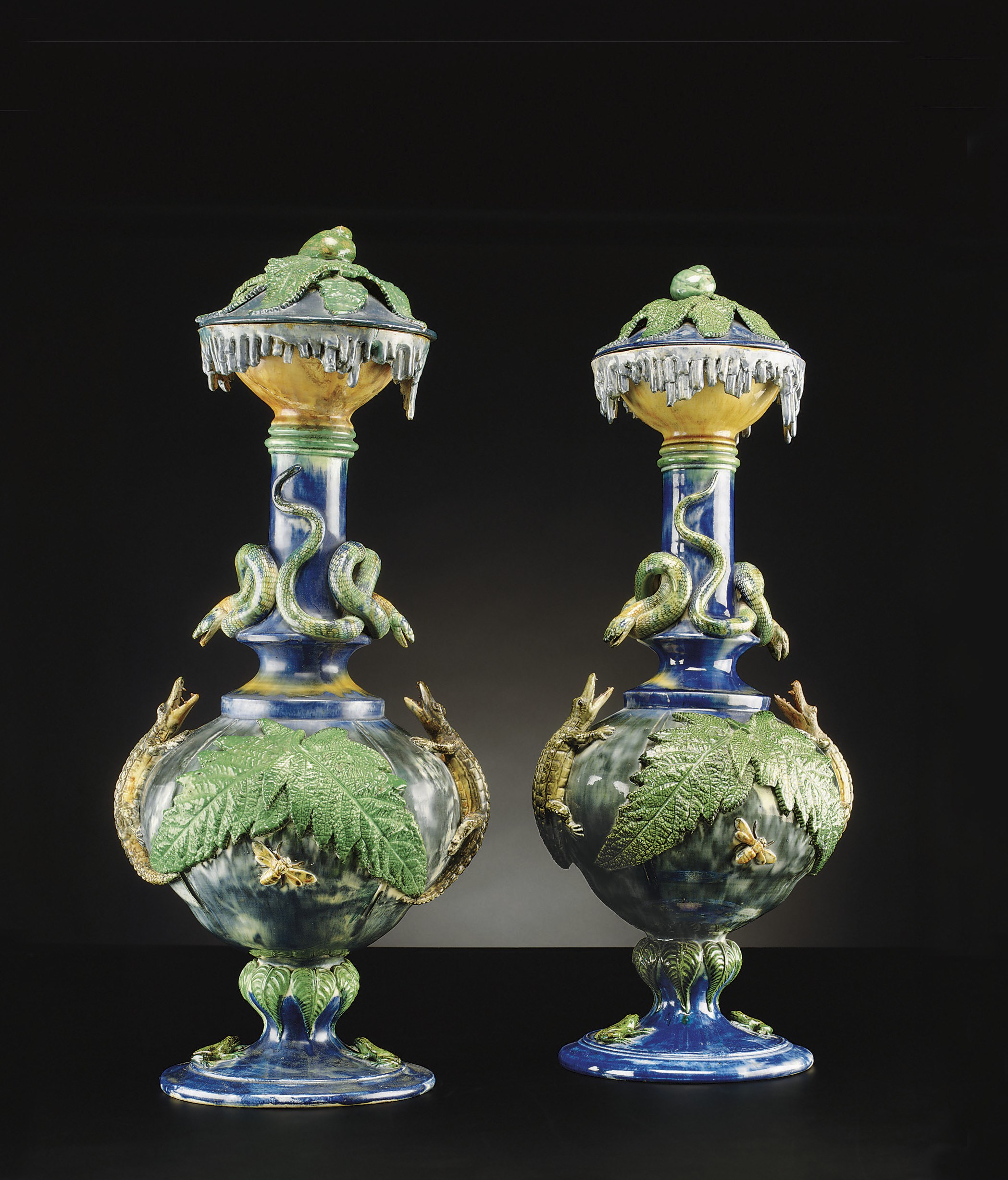 A PAIR OF FRENCH PALISSY STYLE TROMPE L'OEIL VASES