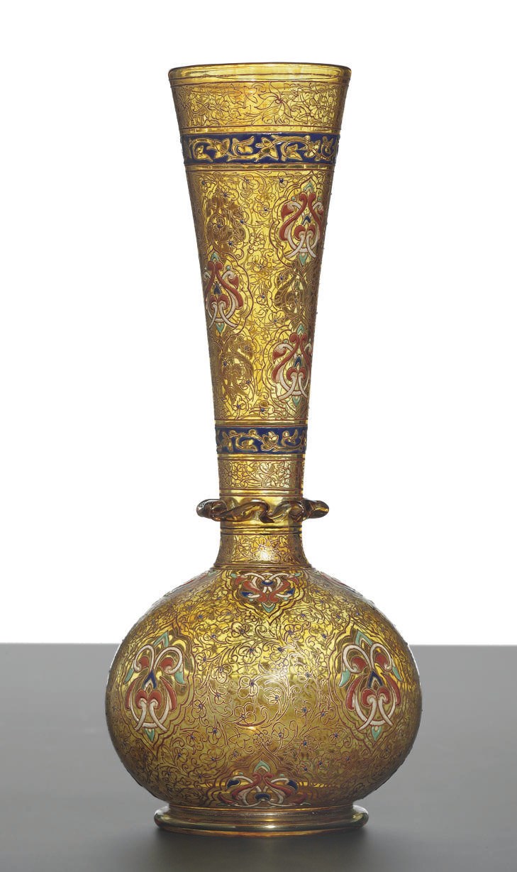 A JOSEPH BROCARD ENAMELED AMBER GLASS VASE