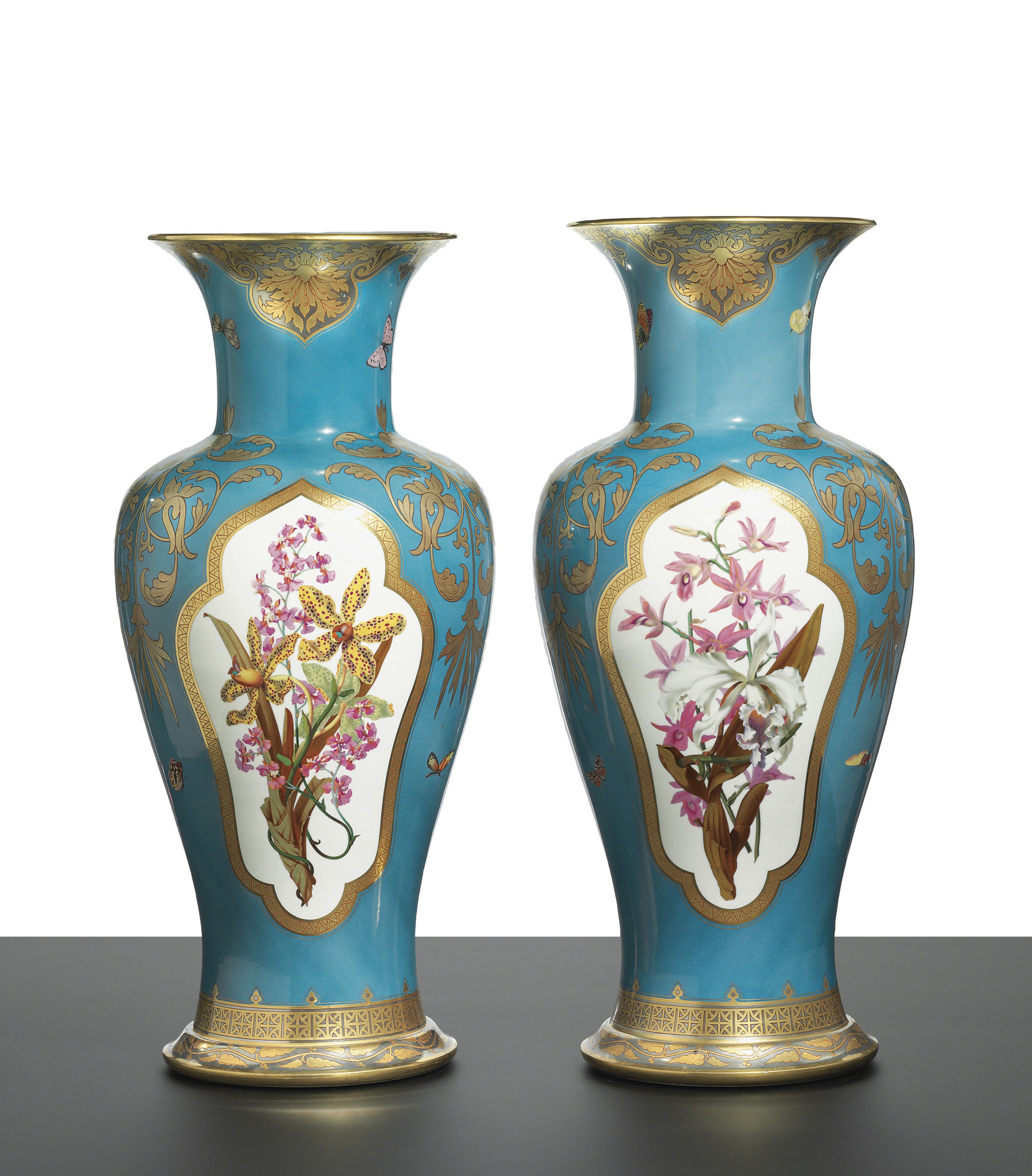 A PAIR OF SEVRES (SECOND EMPIRE) TURQUOISE-BLUE AND PLATINUM GROUND VASES
